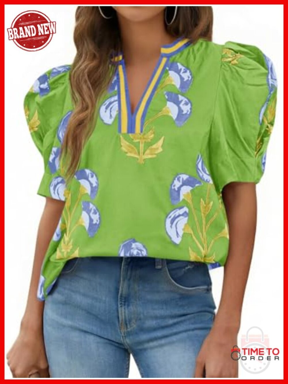 Boho Floral Puff Sleeve V Neck Blouse Lightweight Stretchy